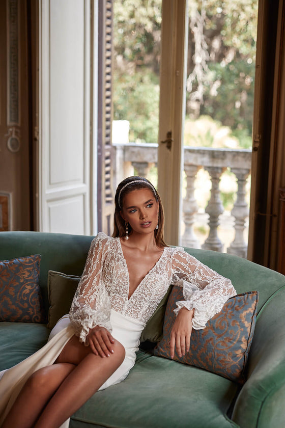 Robe de mariée trapèze Paula en satin, DAMA Couture.