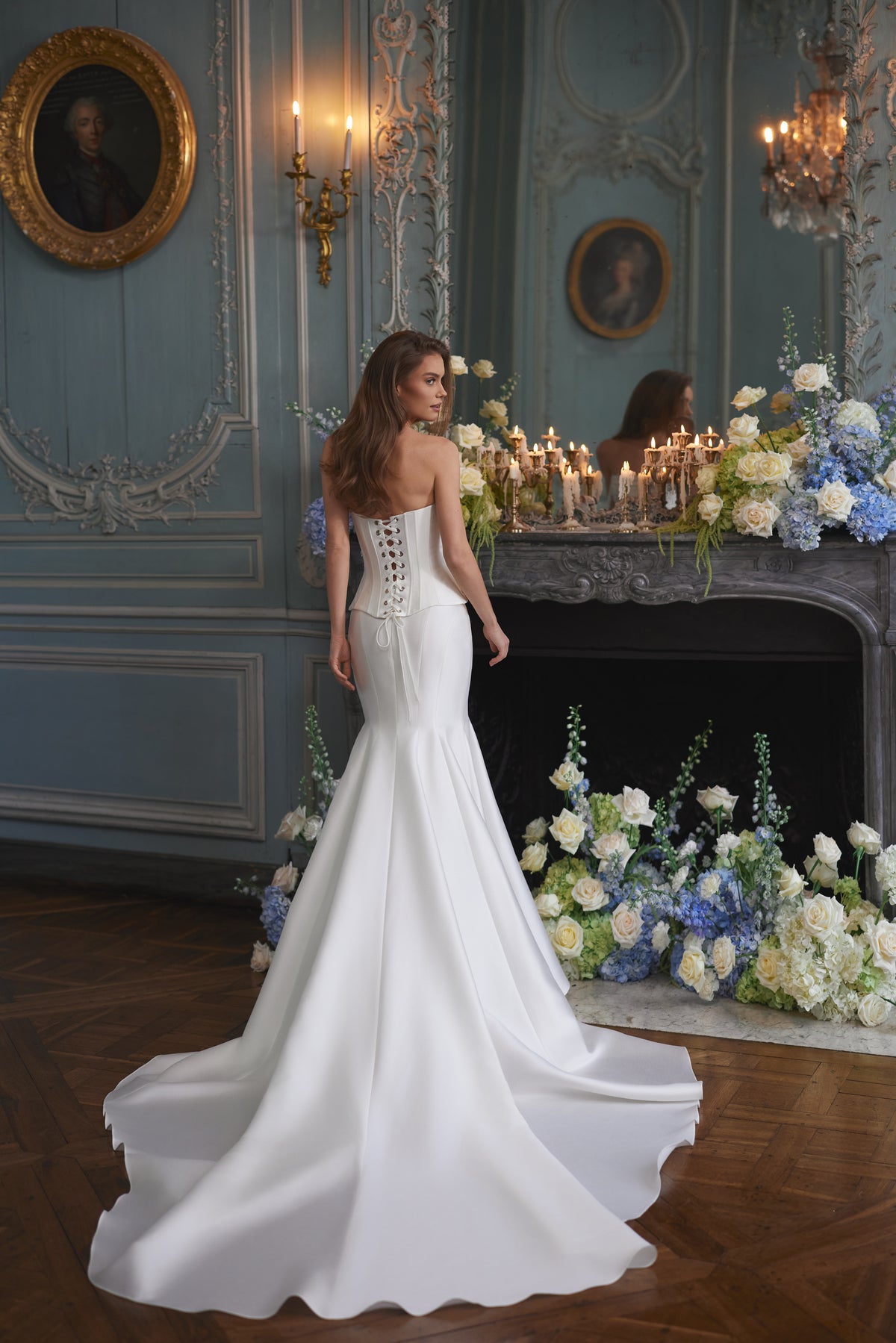Robe de mariée Armance, avec un corset drapé de rangs de perles — collection Something Blue 2027, DAMA Couture.