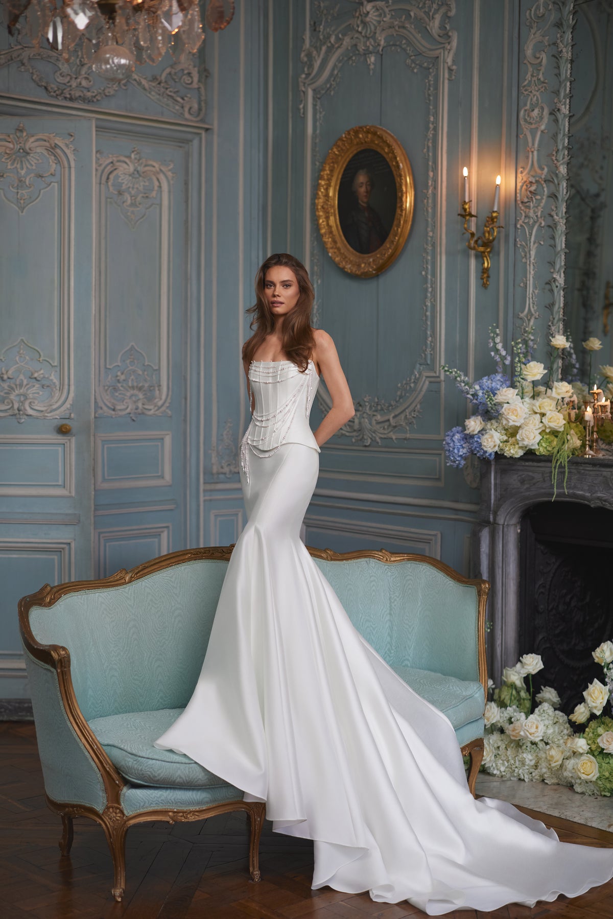 Robe de mariée Armance, avec un corset drapé de rangs de perles — collection Something Blue 2027.